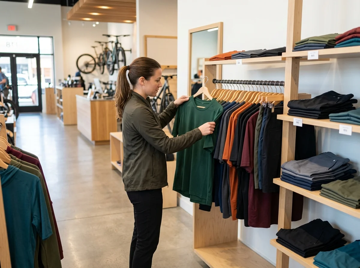 Bike shop retail interior with MTB apparel displayed on shelves and racks