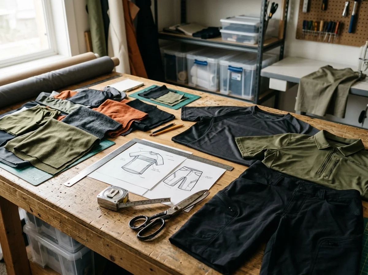 Small apparel development workbench with MTB clothing samples, fabric swatches and design sketches