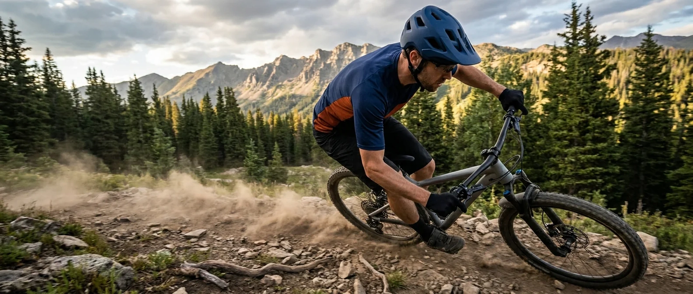 Mountain bike rider cornering hard on a technical alpine singletrack trail with mountains in the background