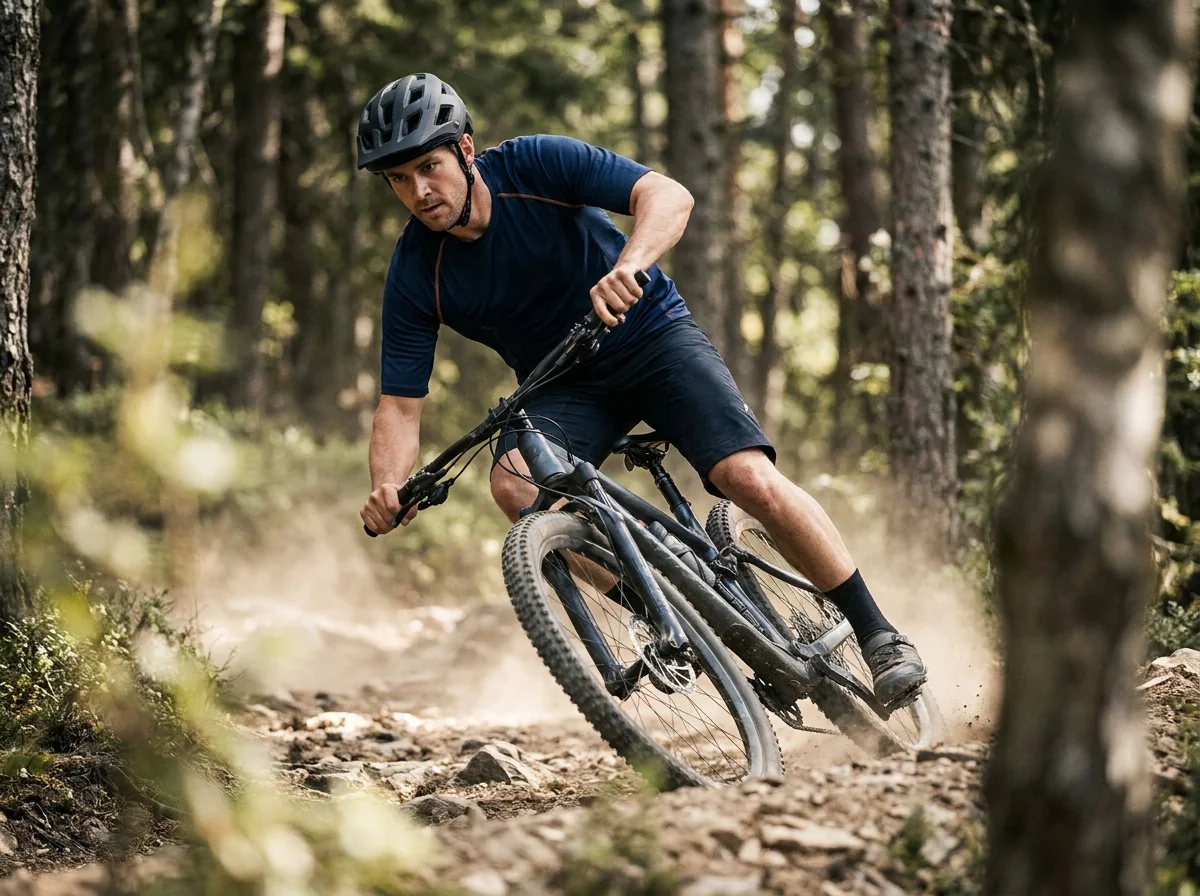 Mountain bike rider in a standing position leaning through a technical trail corner