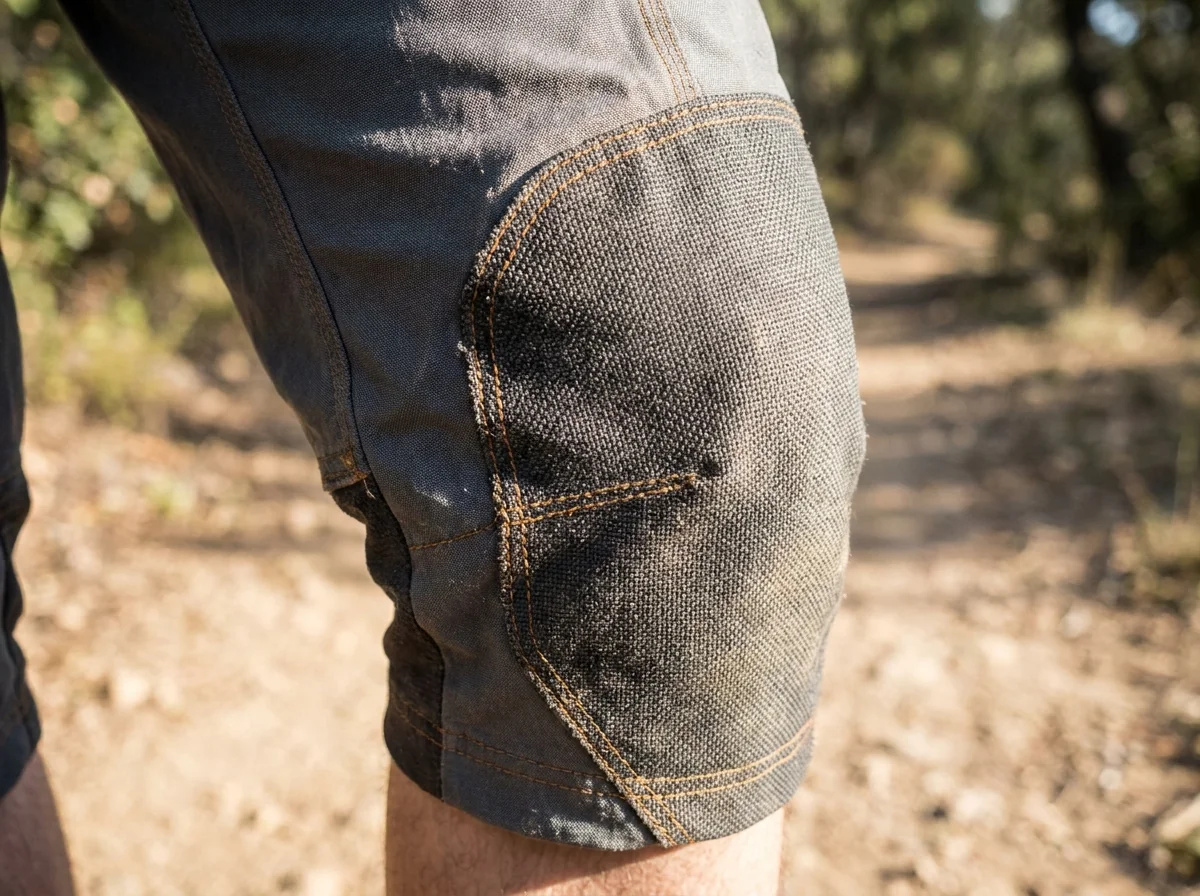 Close-up of a reinforced knee panel on technical cycling apparel