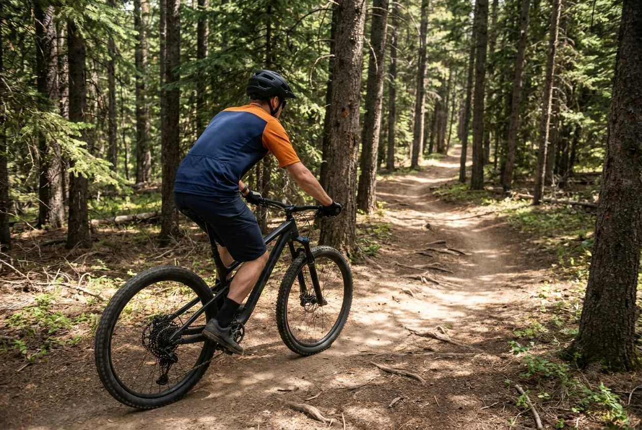 Mountain biker wearing a custom MTB jersey riding a forest singletrack trail