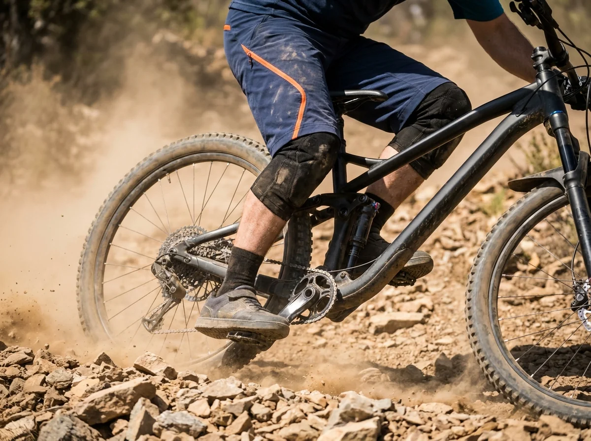 Close-up of custom MTB shorts on a rider crossing rough enduro off-road terrain