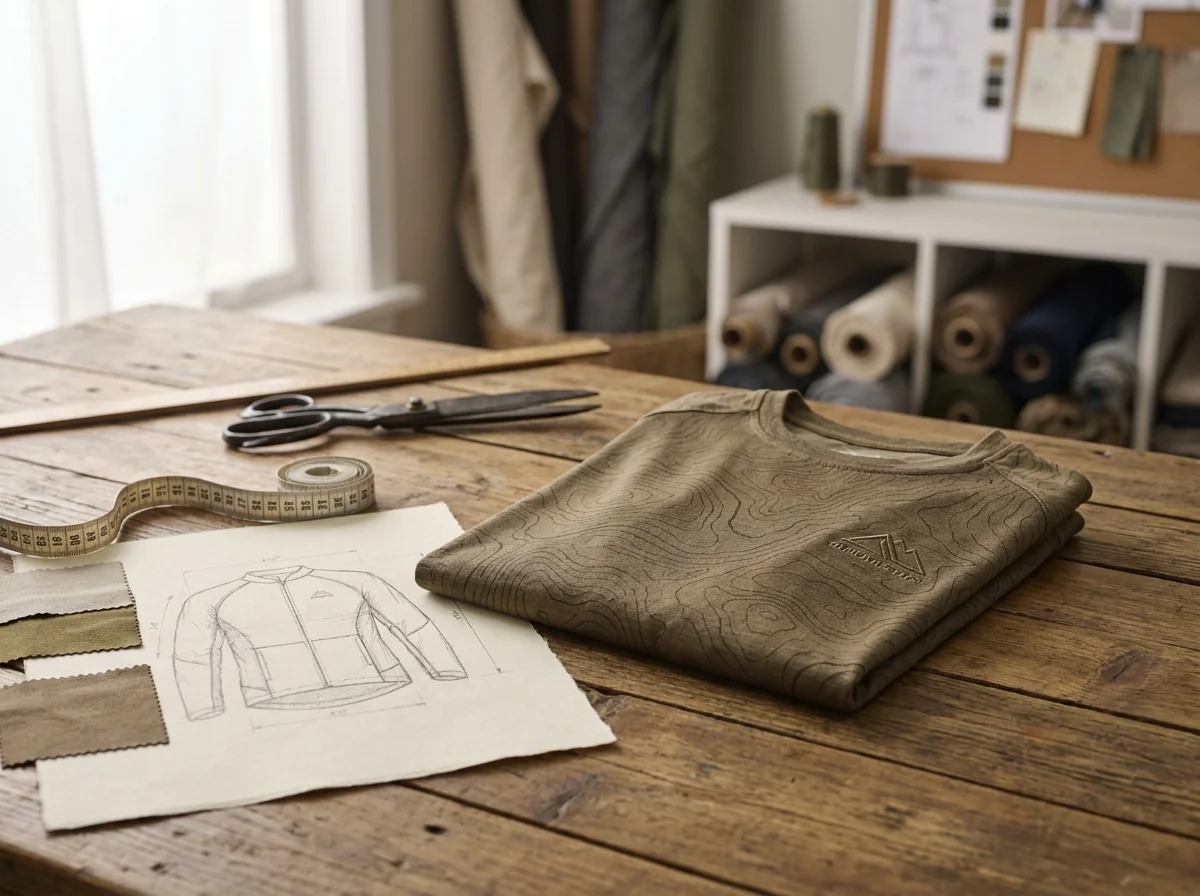 Folded MTB jersey sample next to a design sketch, fabric swatches and a tape measure on a workshop table
