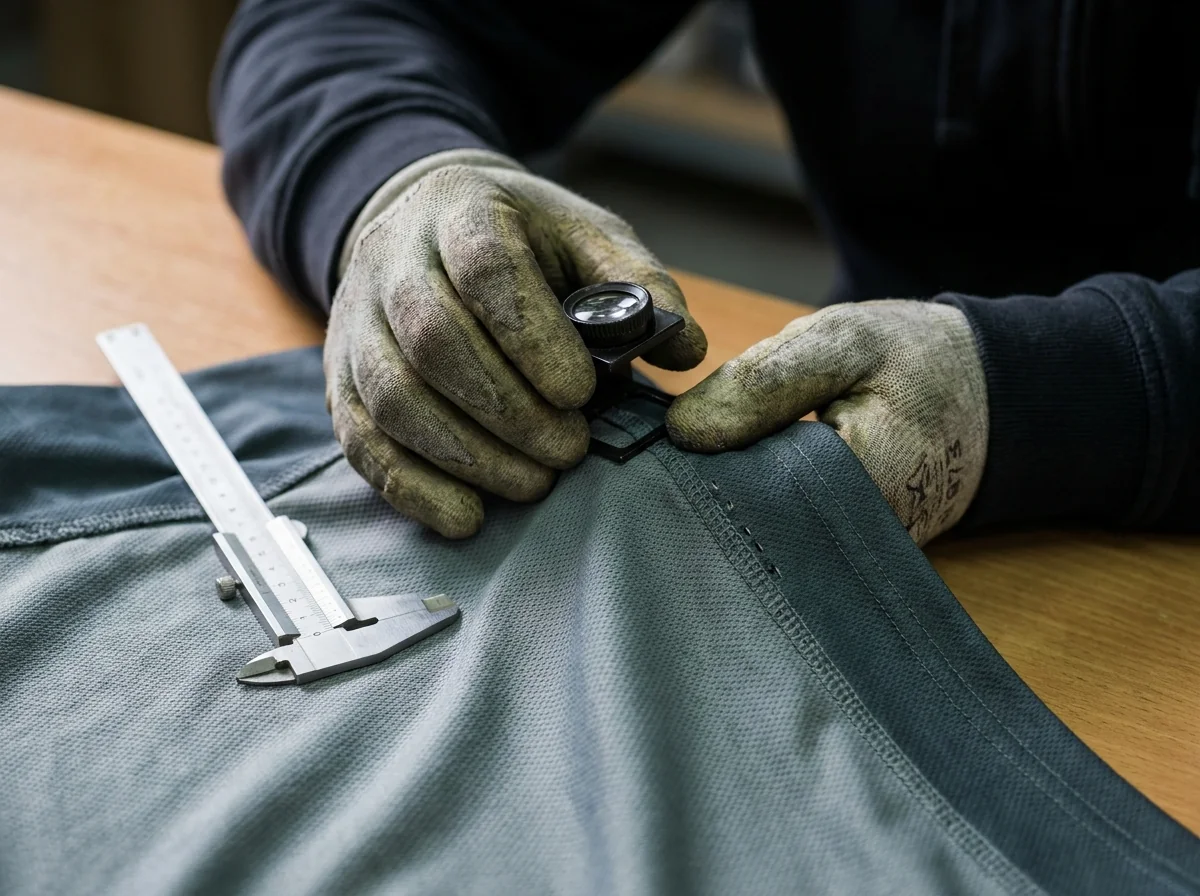 Close-up of gloved hands inspecting a jersey seam with a loupe and gauge for stitching quality