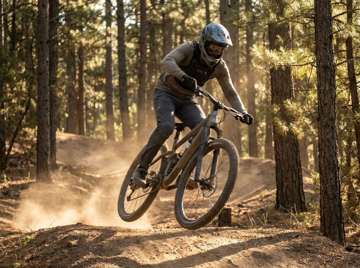 Mountain biker riding a bike park downhill trail at high speed with full protective gear