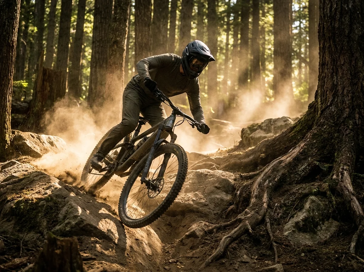 Mountain biker descending a steep technical rocky trail section aggressively