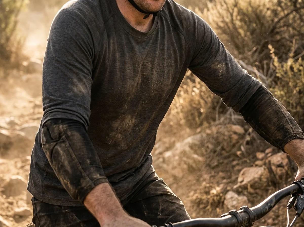 Close-up of a rider wearing an enduro downhill MTB jersey on a dusty technical descent