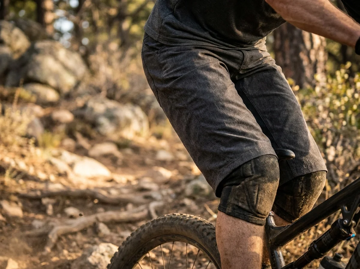 Close-up of a rider wearing enduro MTB shorts with knee pad clearance on a technical trail