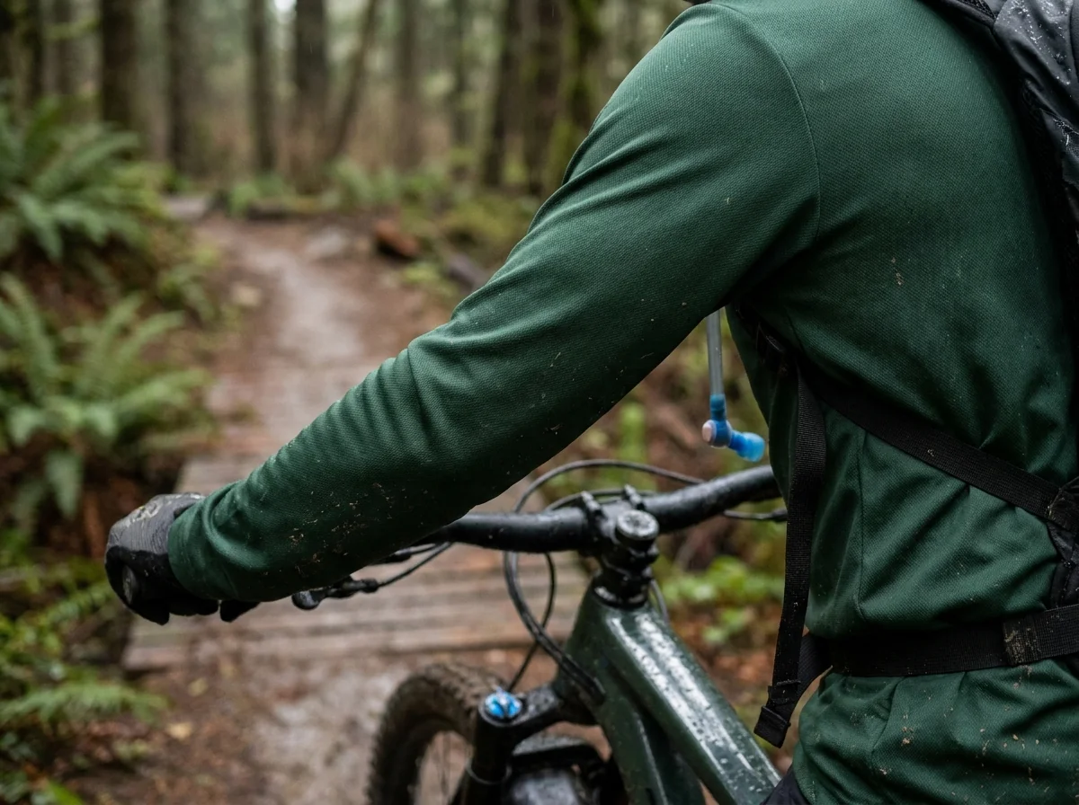 Close-up of a rider wearing a long sleeve MTB jersey on a cool overcast trail