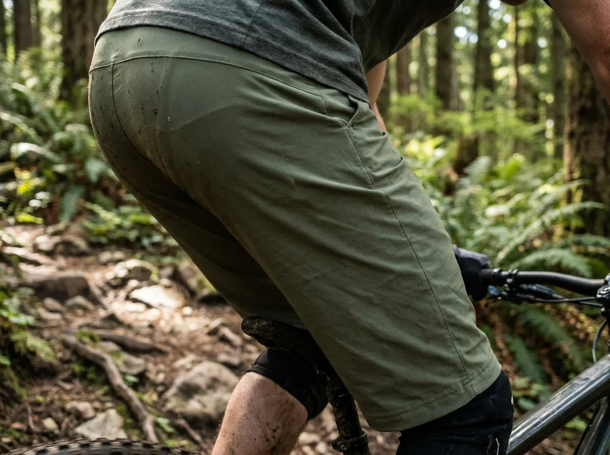 Close-up of a rider wearing trail all-mountain MTB shorts on a forest trail