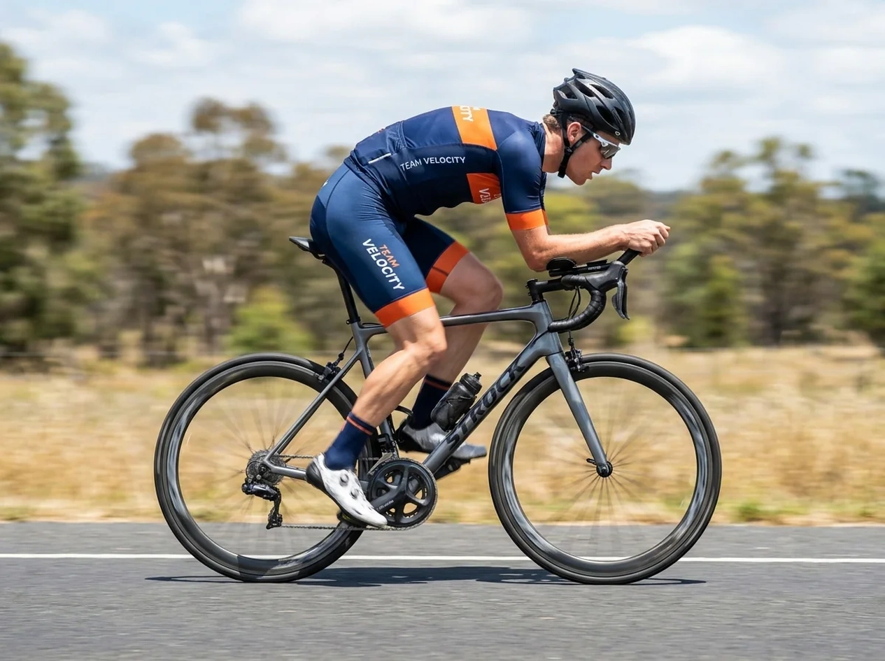 Cyclist wearing a close-to-body race-cut jersey in a forward-lean racing position