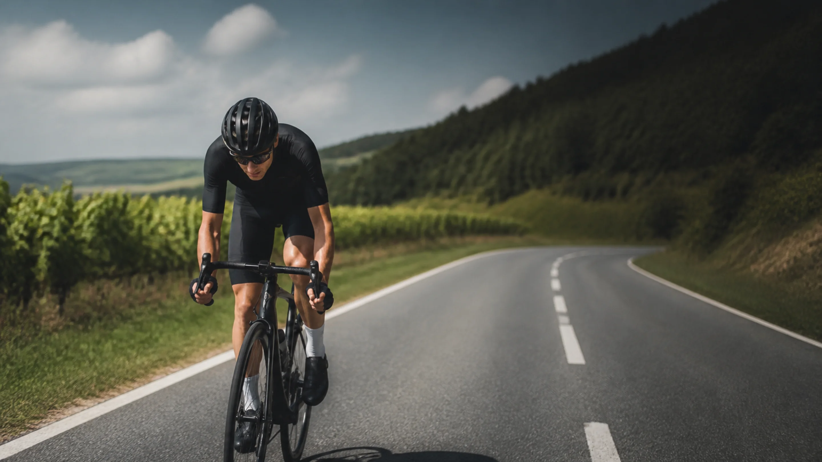 Road cyclist riding in a forward-leaning race posture on a paved road