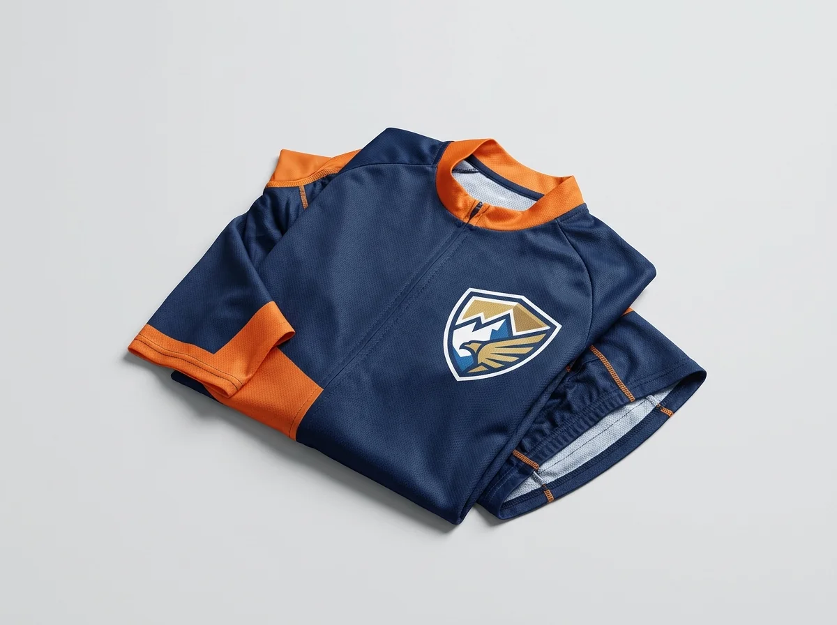 Cycling jersey with a custom colorway and a fictional team crest applied to the chest panel