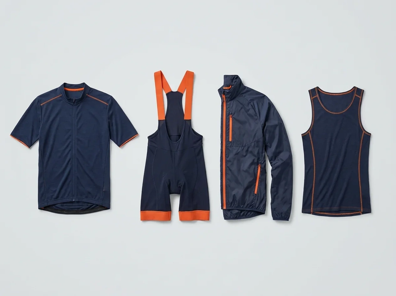 Flat lay of a cycling jersey, bib shorts, jacket and base layer showing available garment options