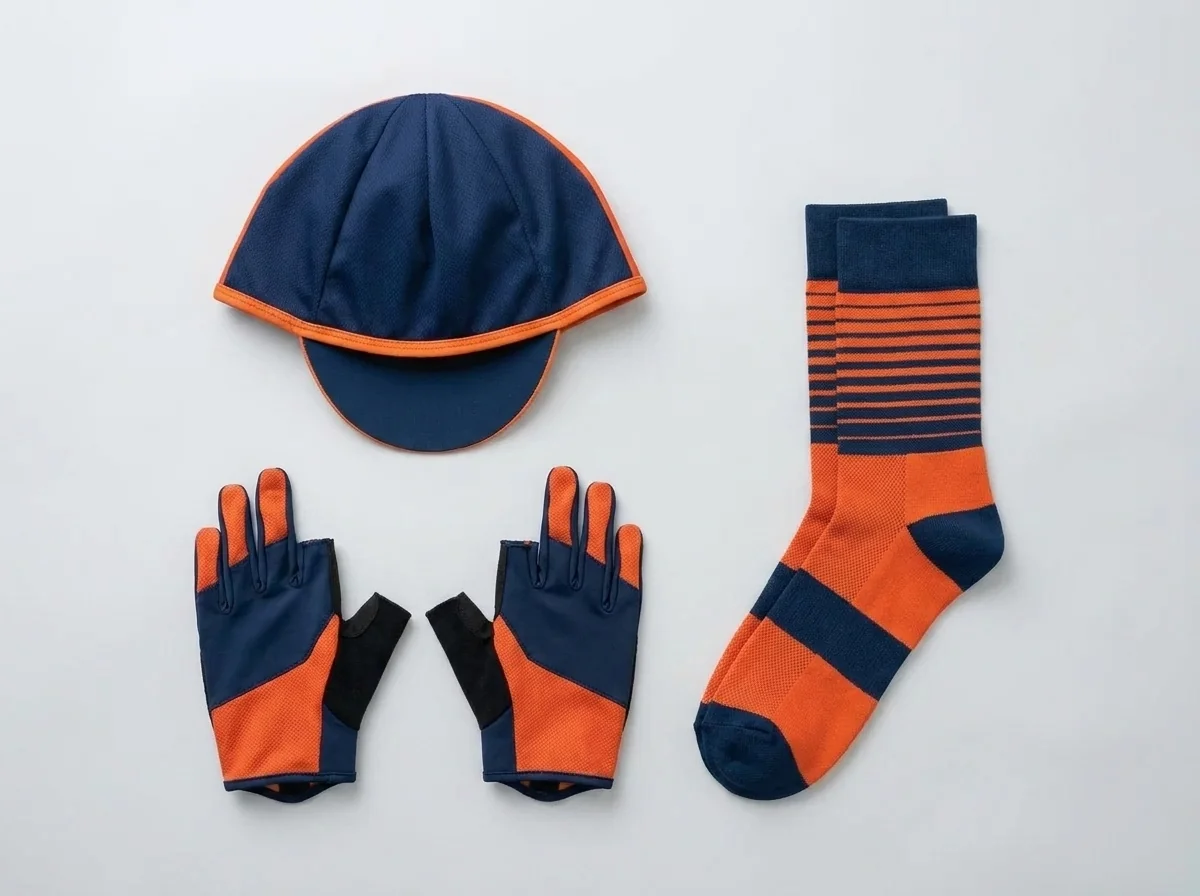 Custom road cycling accessories including a cycling cap, gloves and socks