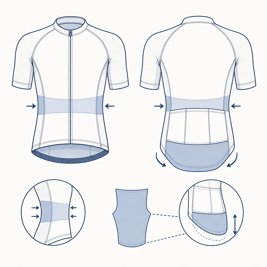 Diagram illustrating extended back panel length and a thin compression zone for a forward-lean road cycling jersey pattern