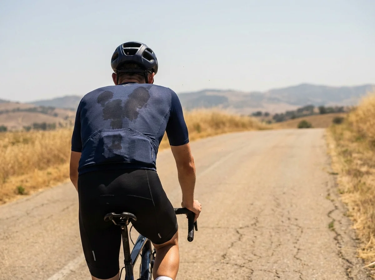 Cyclist's jersey showing sweat through the back panel during a long, hot ride