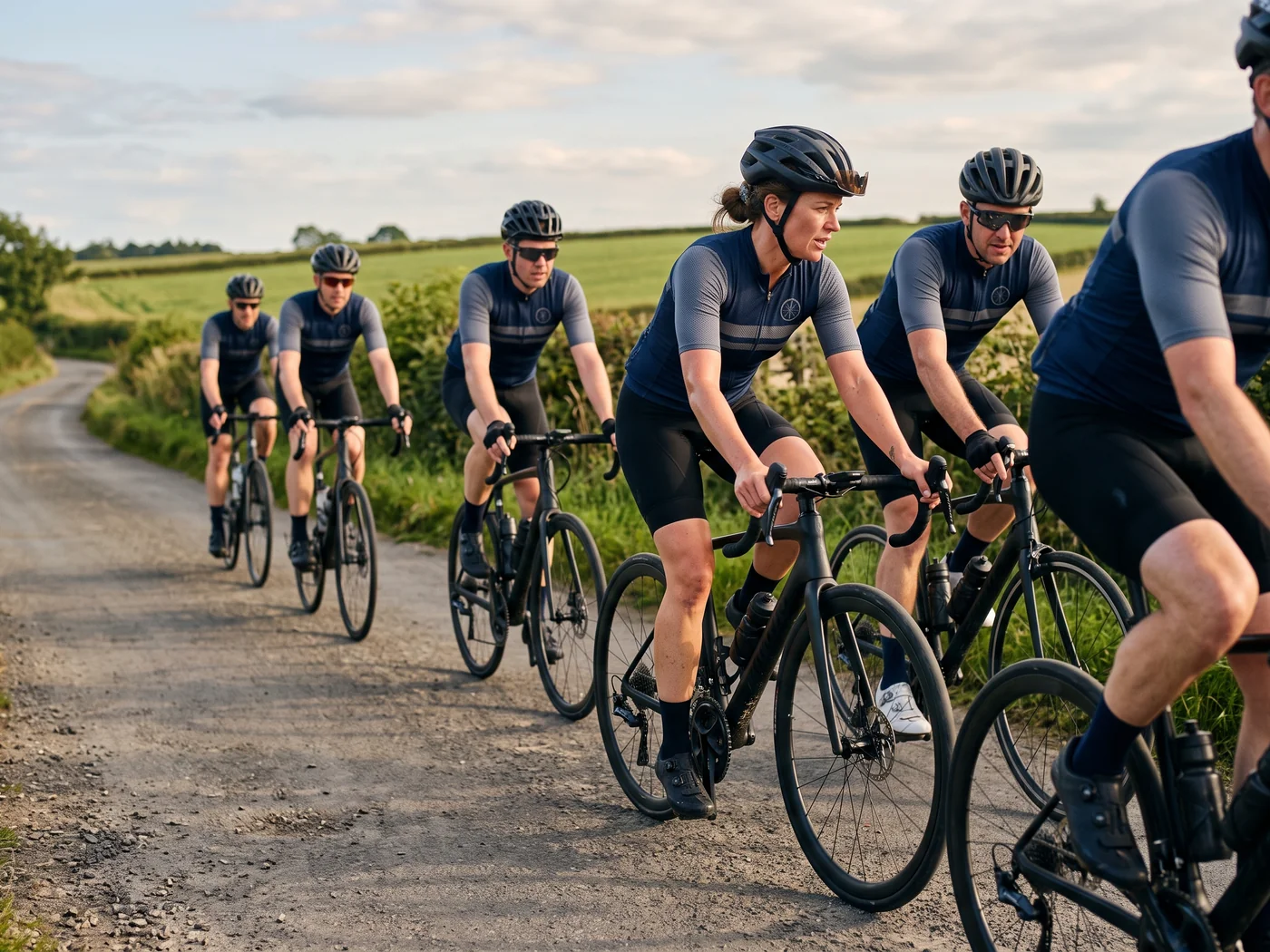 Club riders out together in matching plain team kit