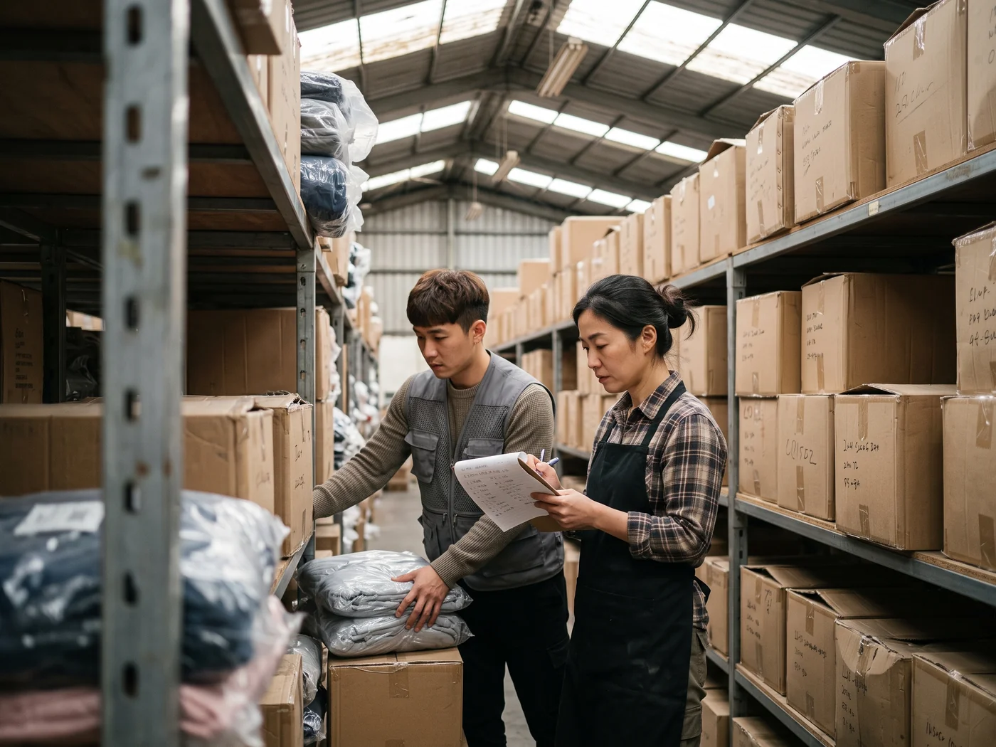 Warehouse aisle of racked stock being checked off