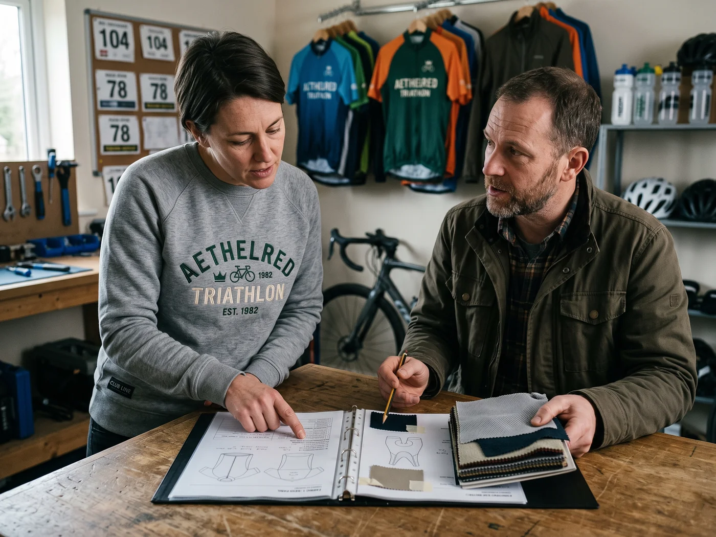 Club manager reviewing a technical pack with a supplier