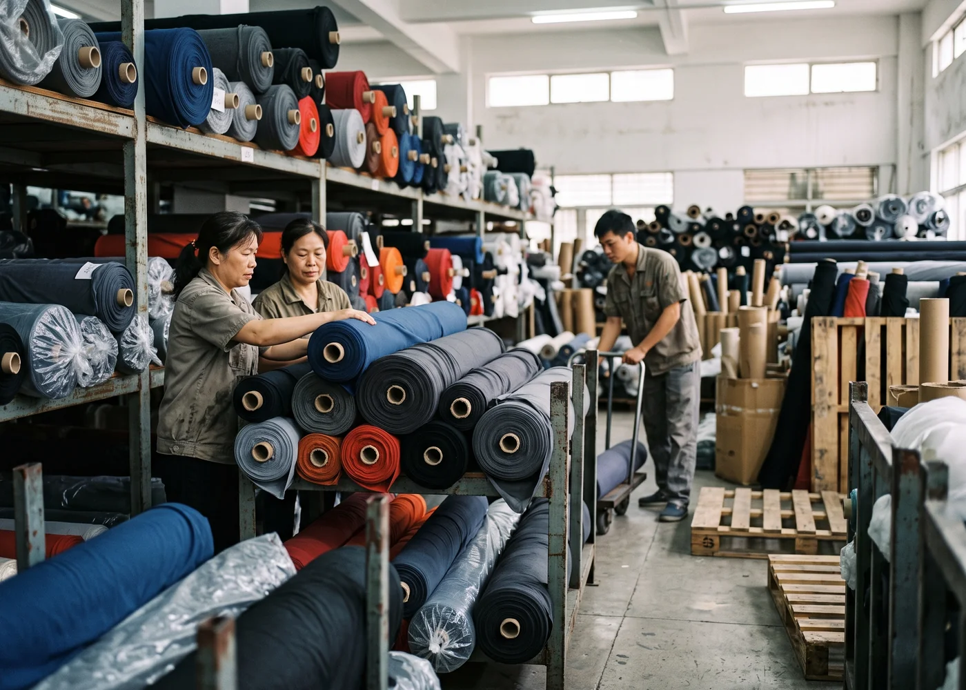 Rolls of nylon spandex knit in a fabric store room