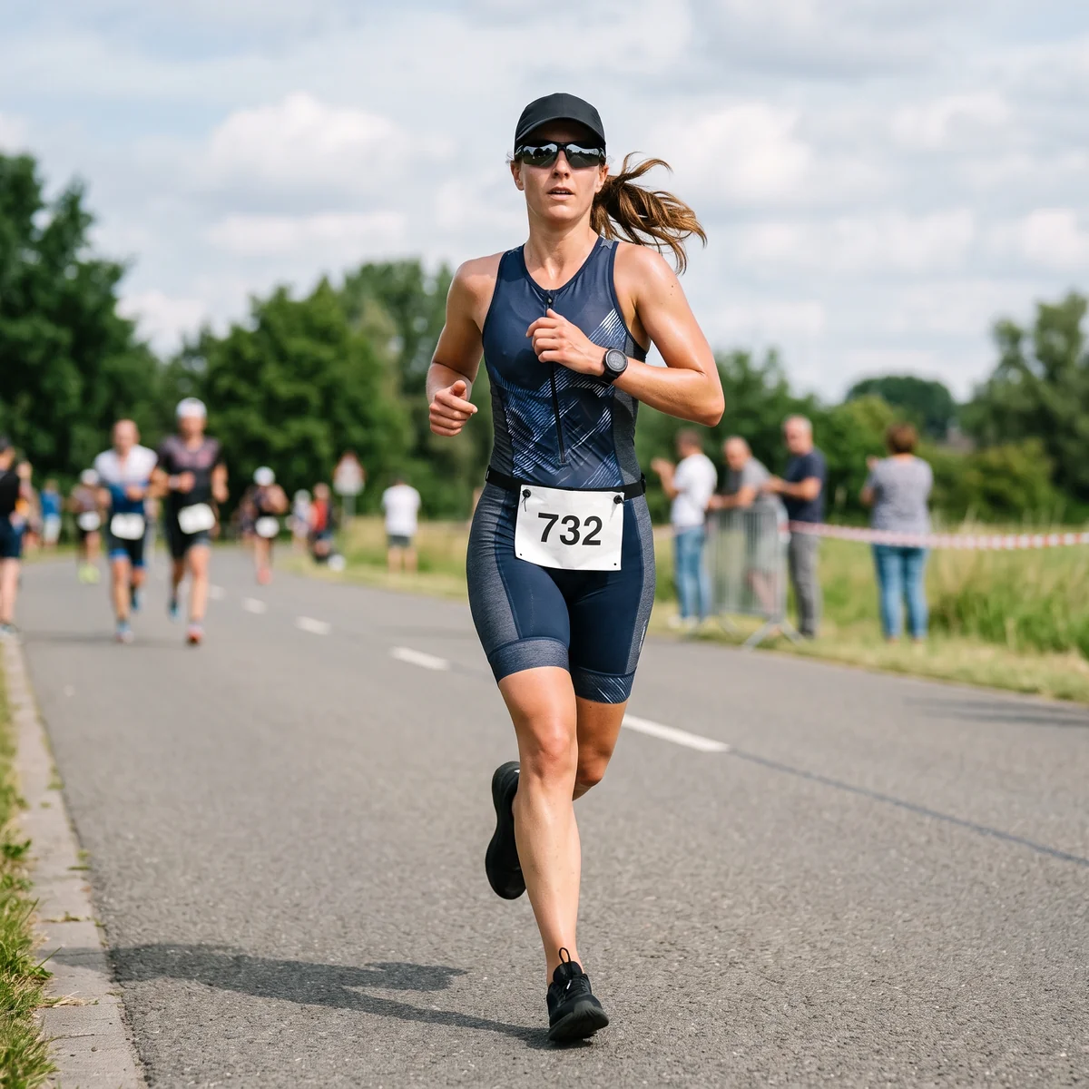 Runner on a road course in a one-piece tri suit