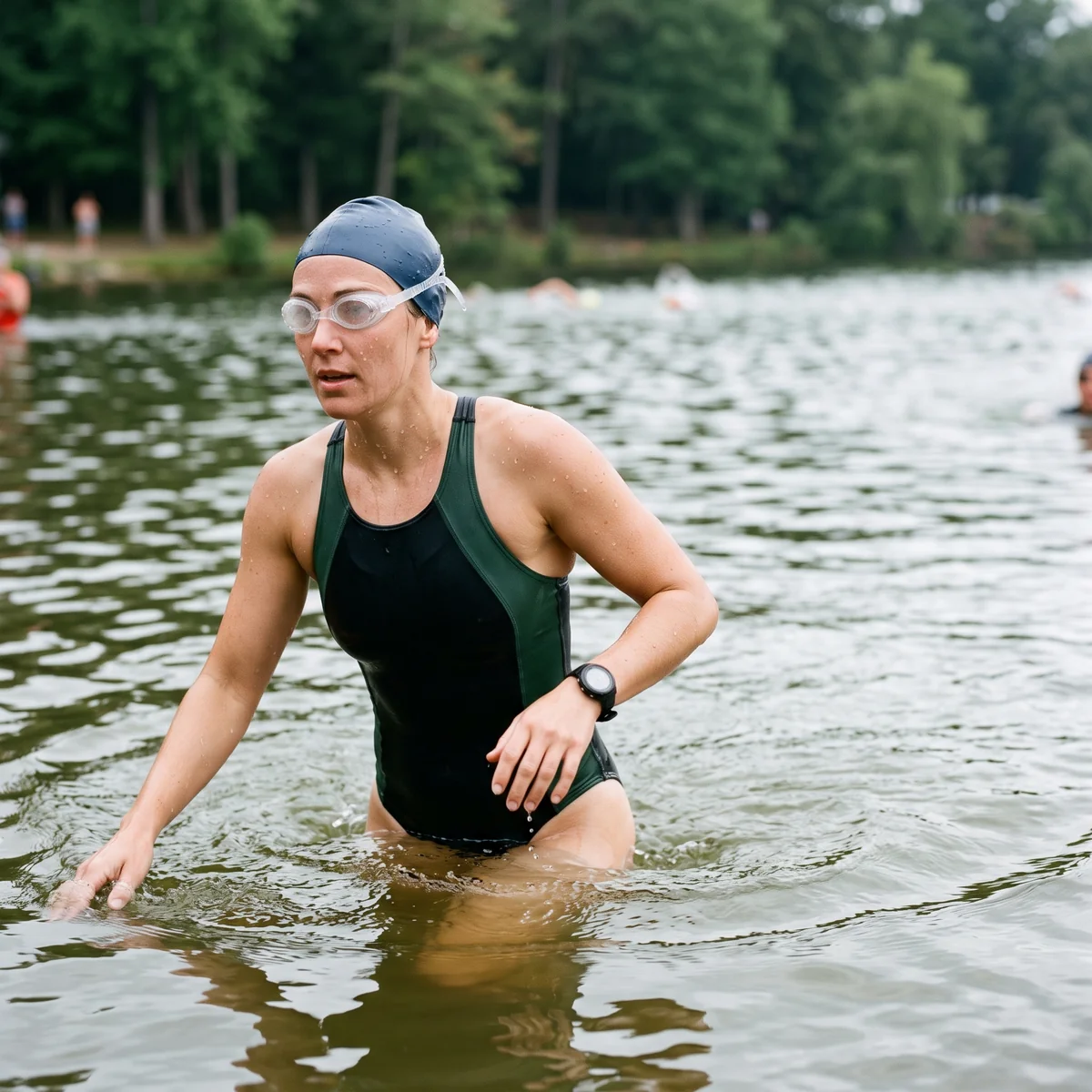 Open-water swimmer in a sleeveless one-piece suit