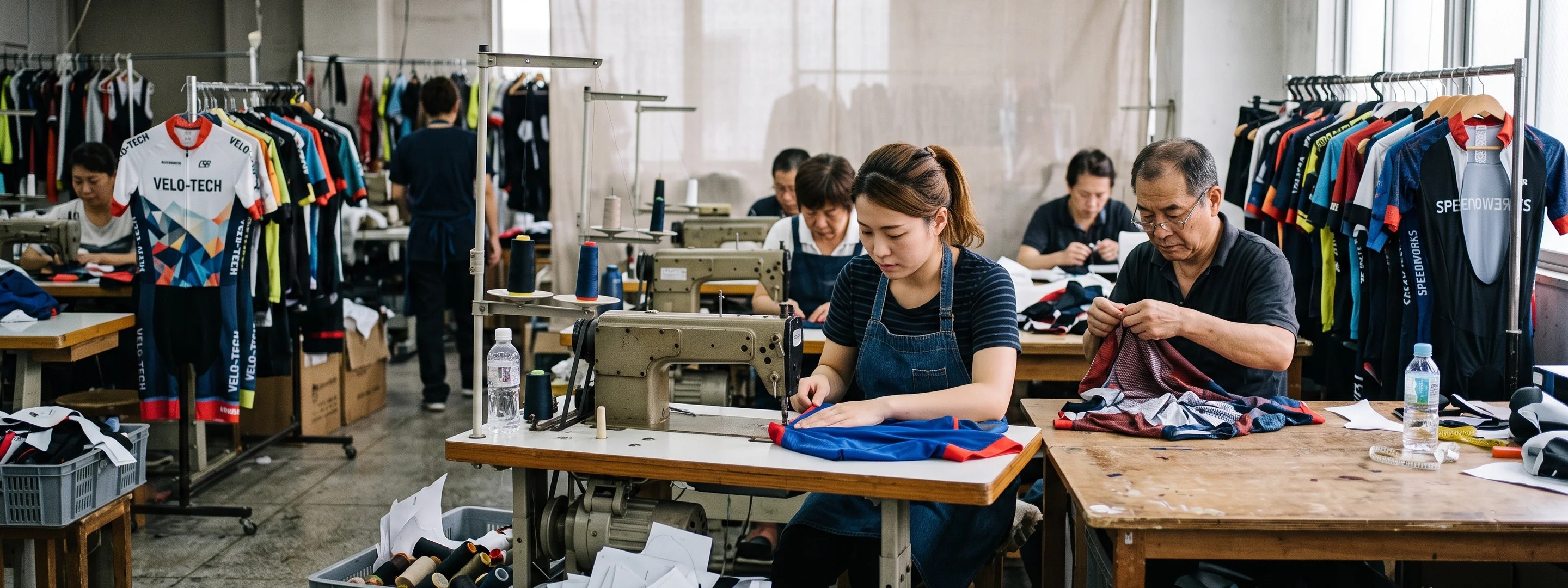 Garment workshop with sewing stations and garment racks