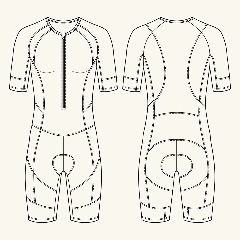 Technical sketch marking panel boundaries on a suit body