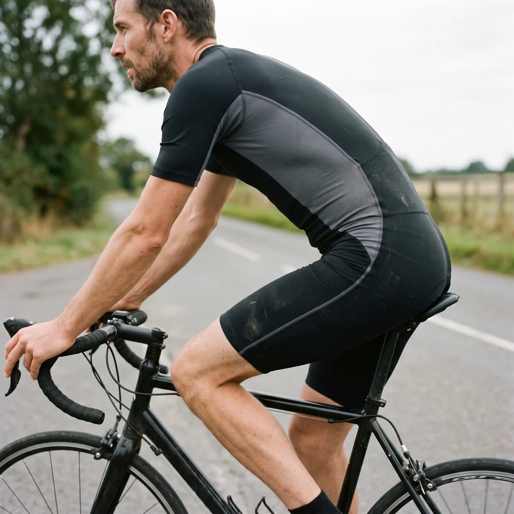 Side profile of a rider showing the side seam line