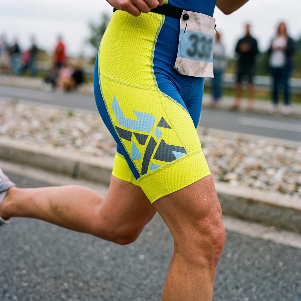Thigh panel on a running athlete in a one-piece suit