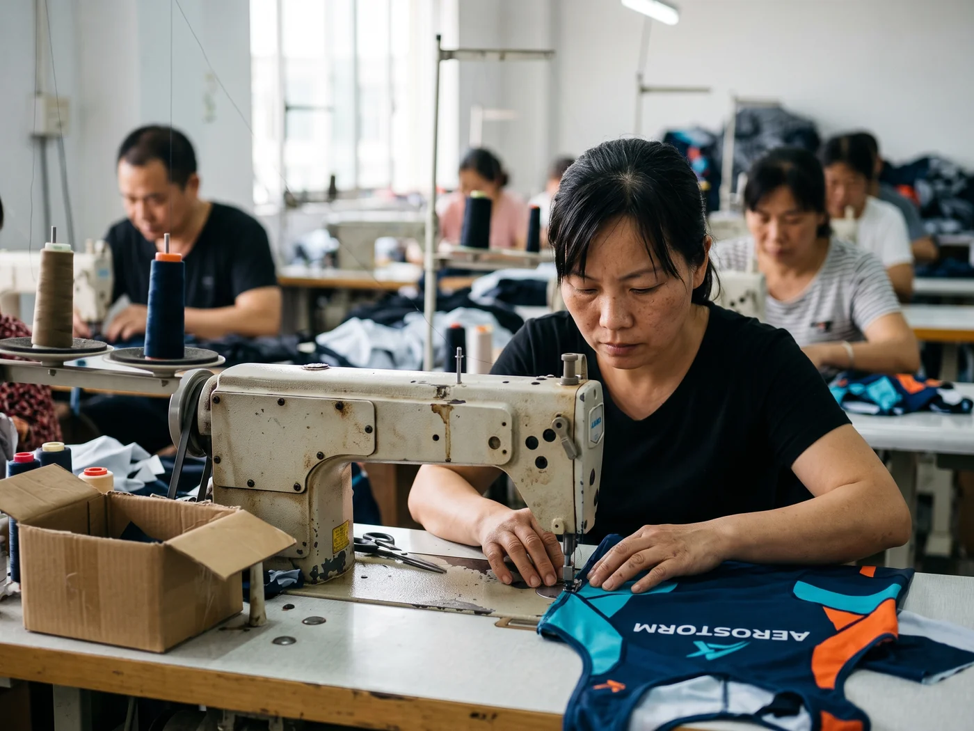 Machinist sewing a first sample garment