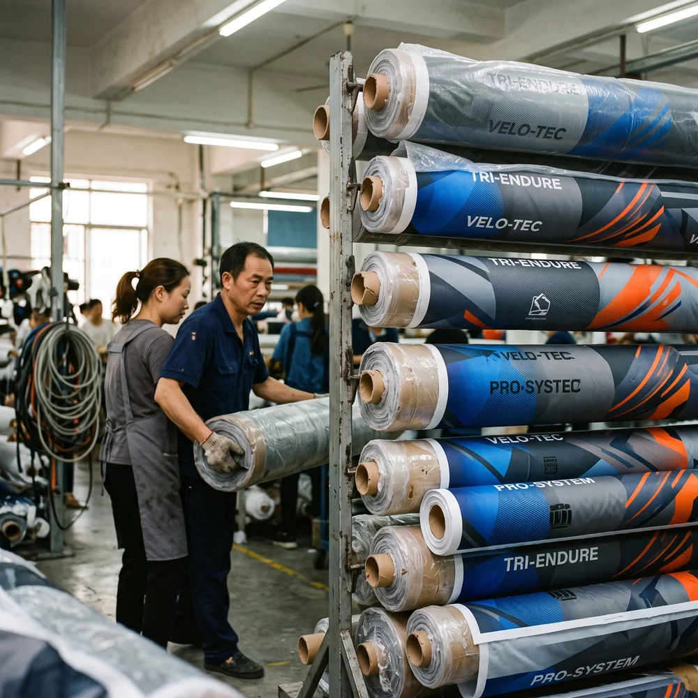 Rolls of printed fabric racked after coming off the line