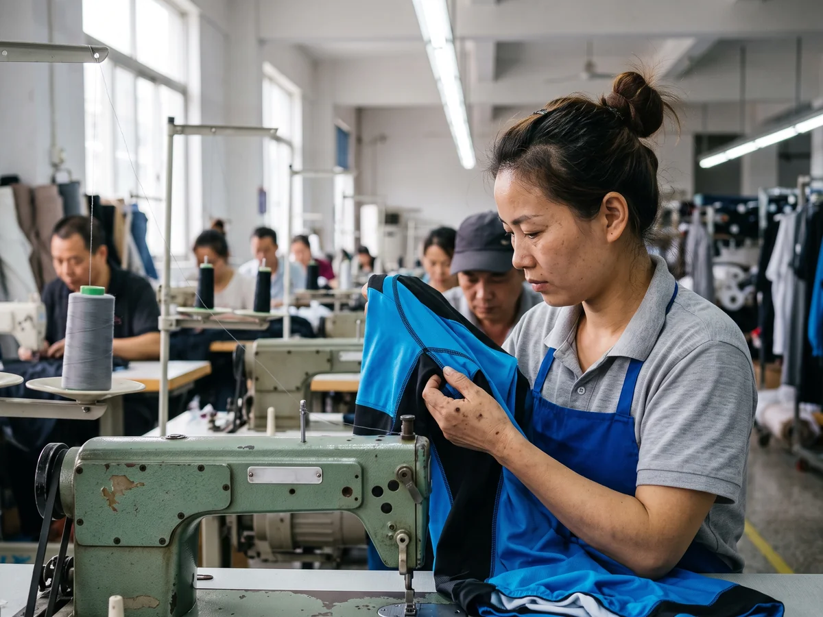 Operator inspecting a part-assembled garment at the line