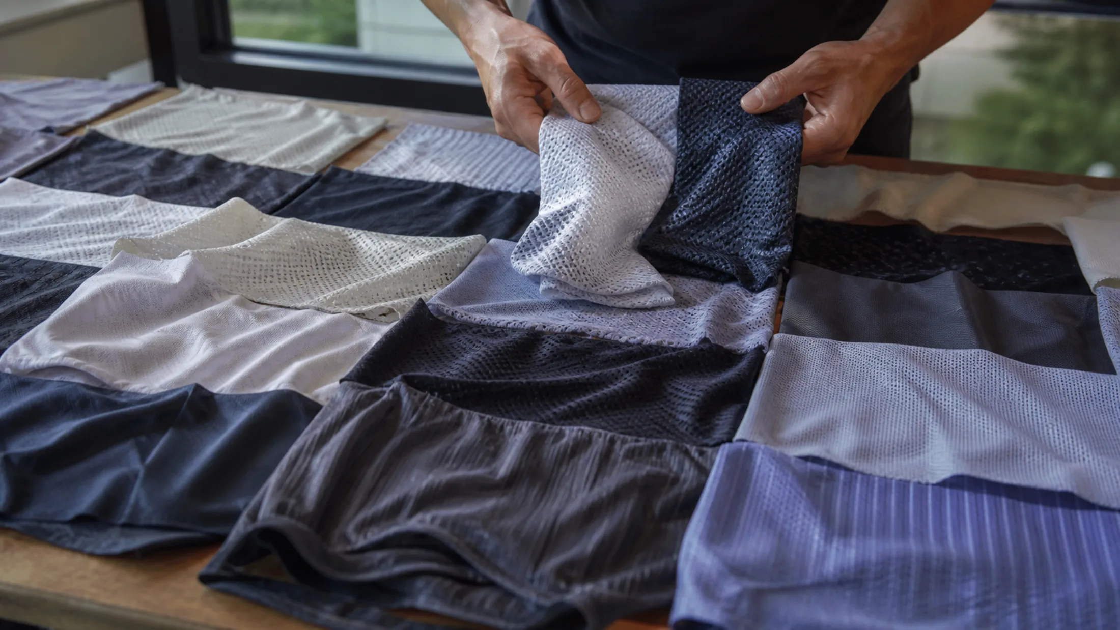 Fabric and chamois reference samples laid out for review