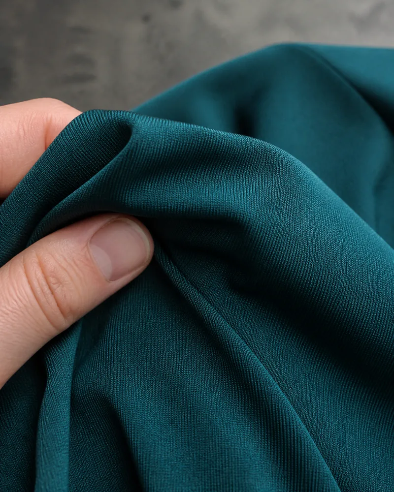 A hand holding a teal knit cycling fabric swatch in natural light