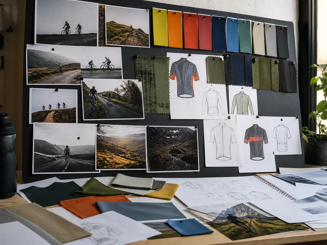 Cycling apparel concept mood board with reference images and fabric swatches