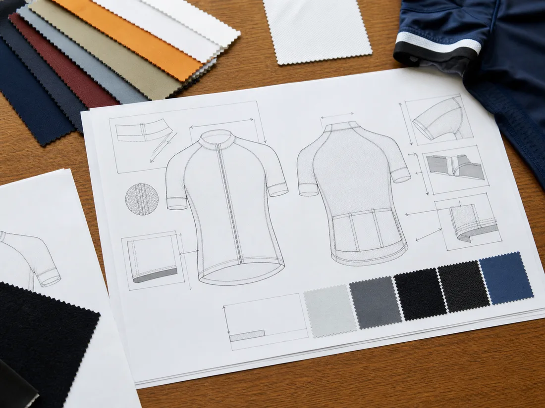 Cycling apparel tech pack and specification sheet on a desk
