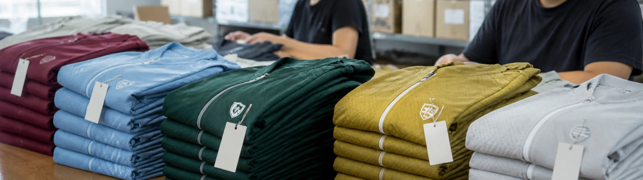 Folded private label garments stacked with labels and tags visible