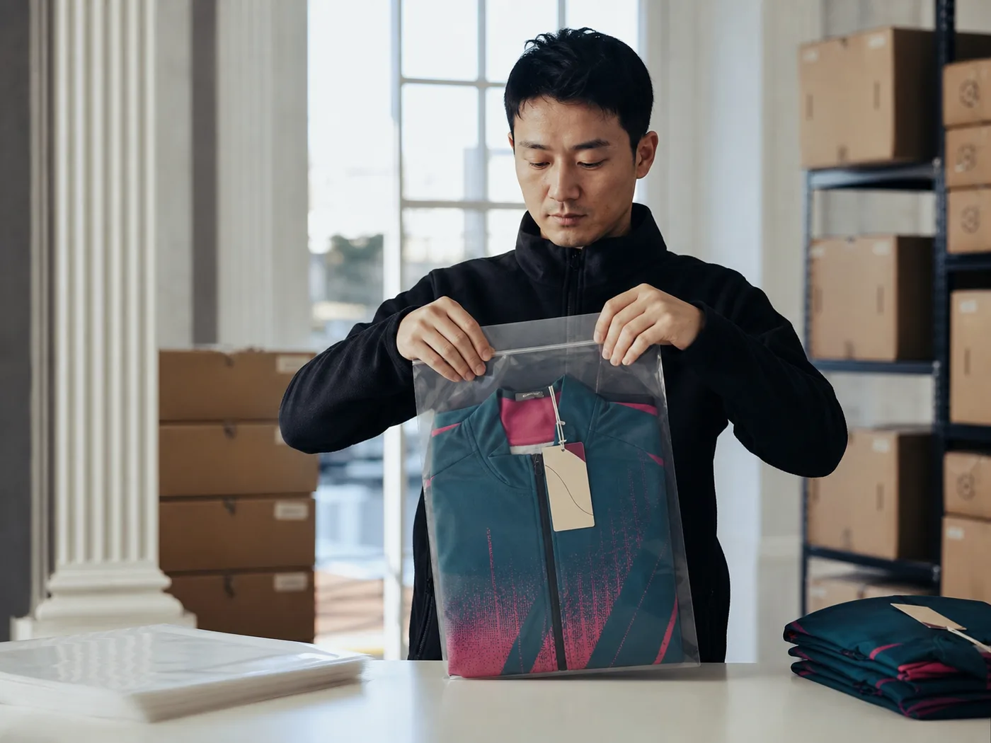 Garment packaged in a poly bag with a hang tag