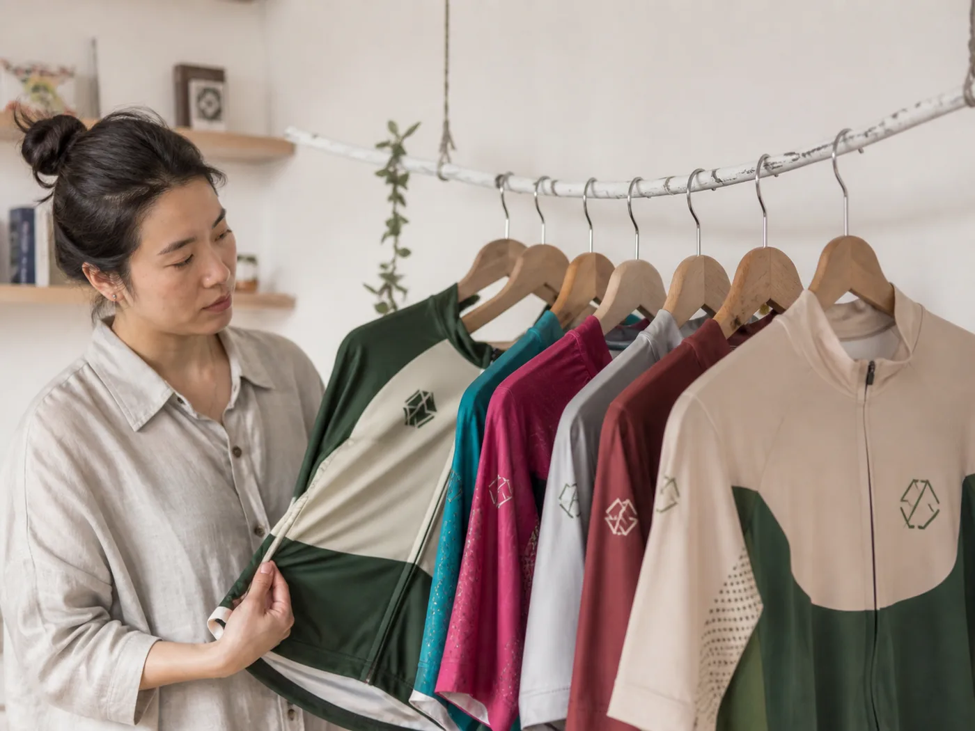 Retail clothing rack showing multiple colorways on display