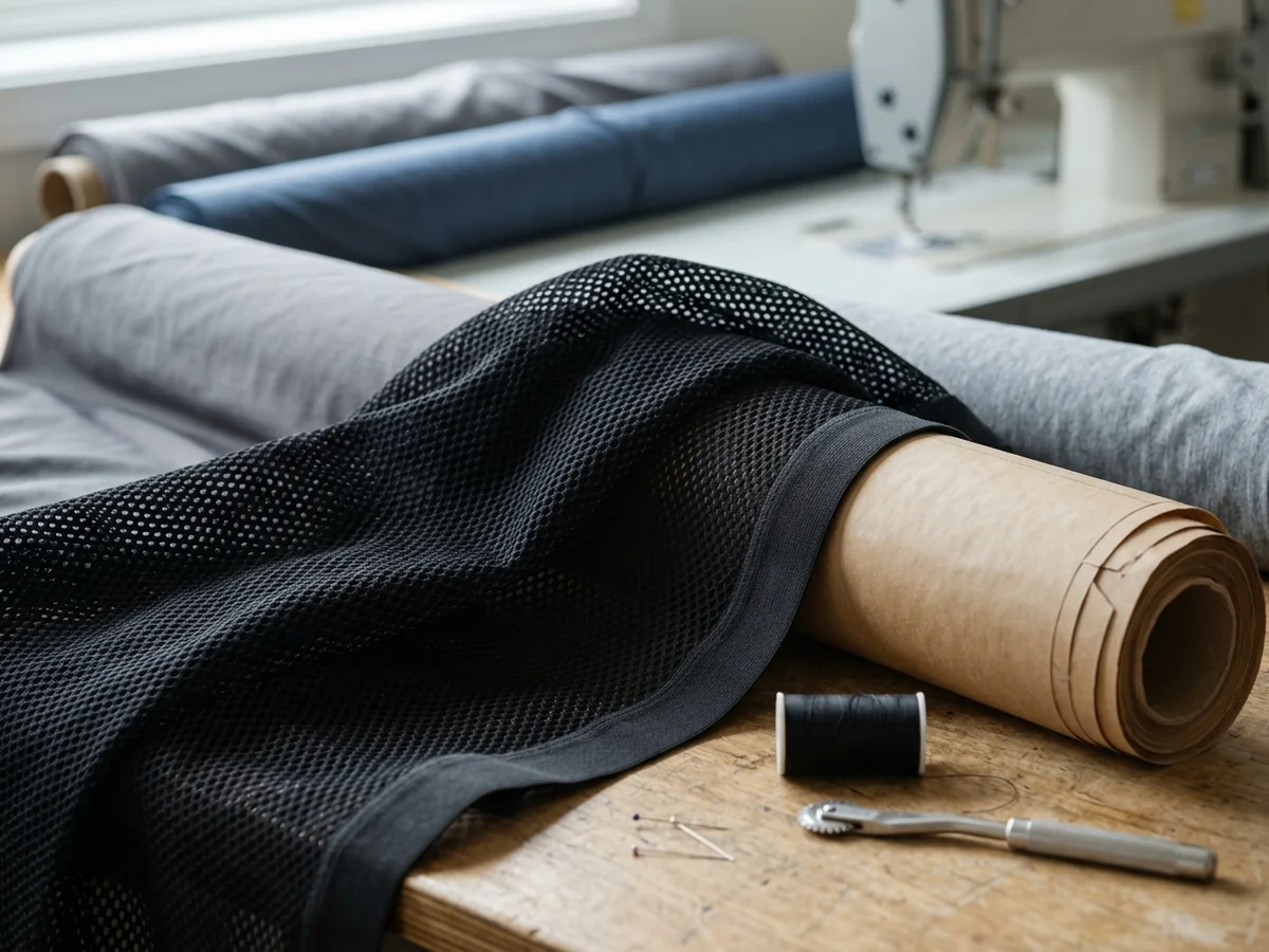 Open-hole spacer mesh knit, draped so the holes catch the light
