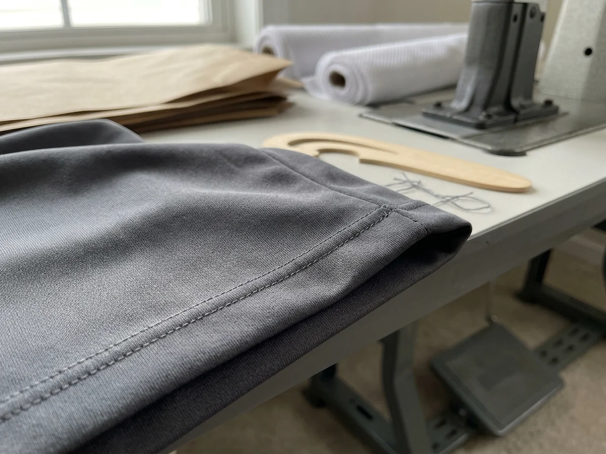 The finished edge of a knitted panel, stitched and closed off