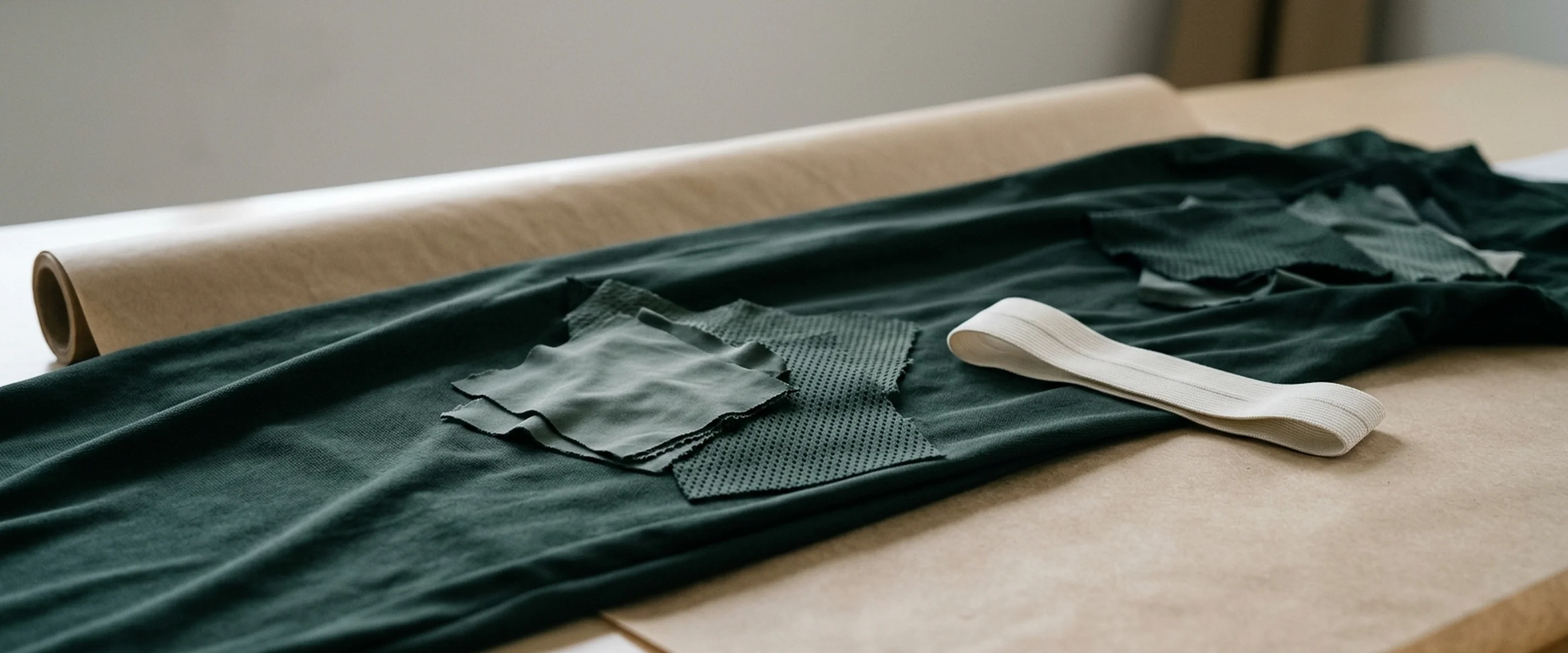 Deep green technical cloth drawn across the full width of the frame