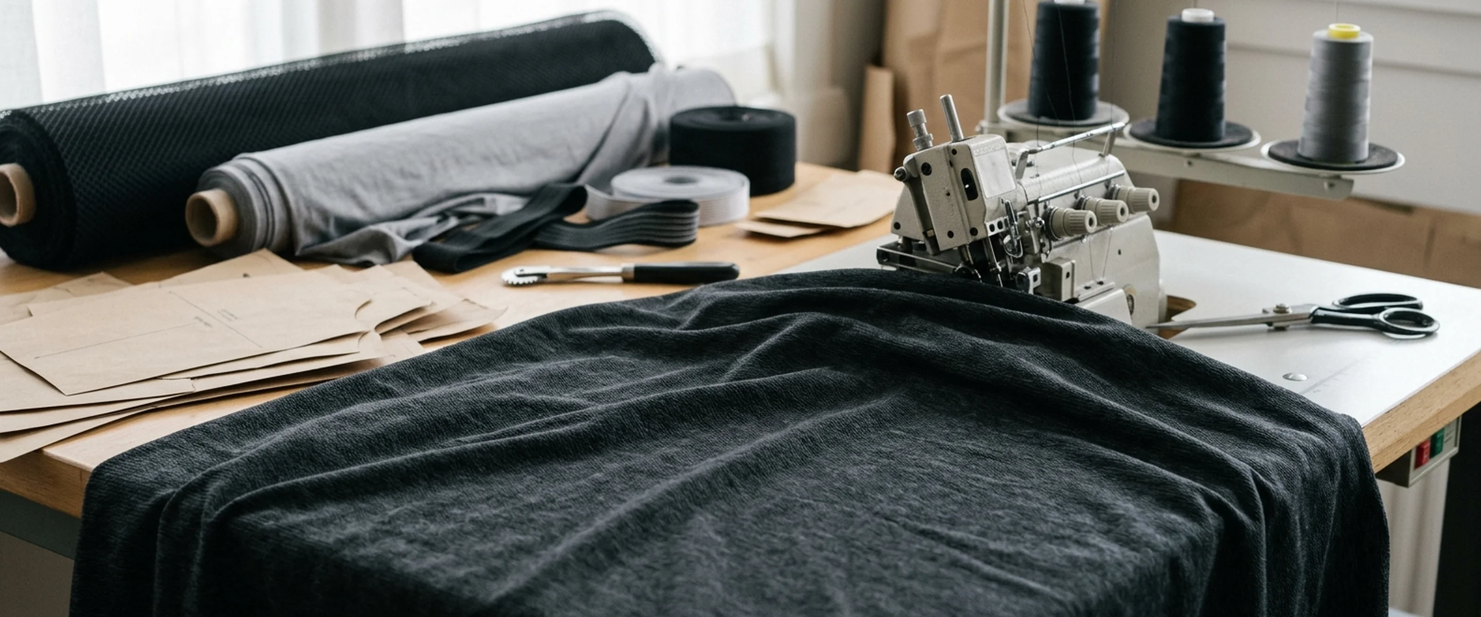 Grey-black marl knit seen close across the full width of the frame