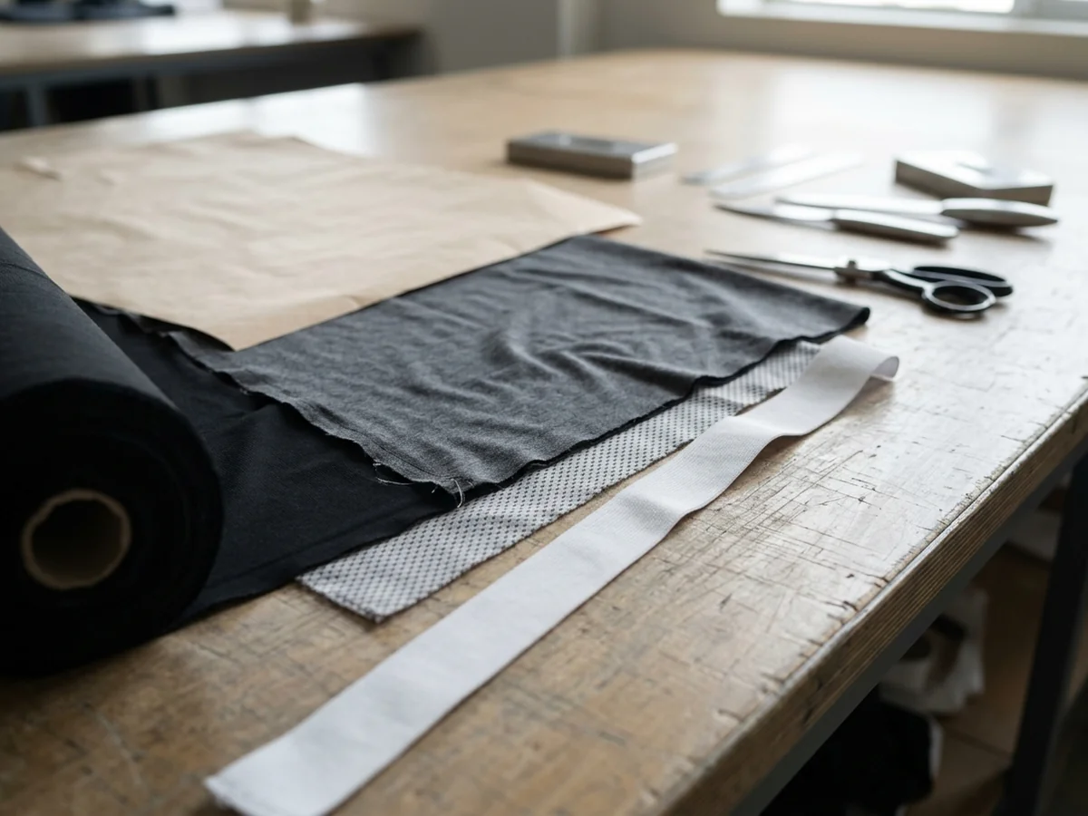 The cut edge and face of a roll of material drawn out over a table