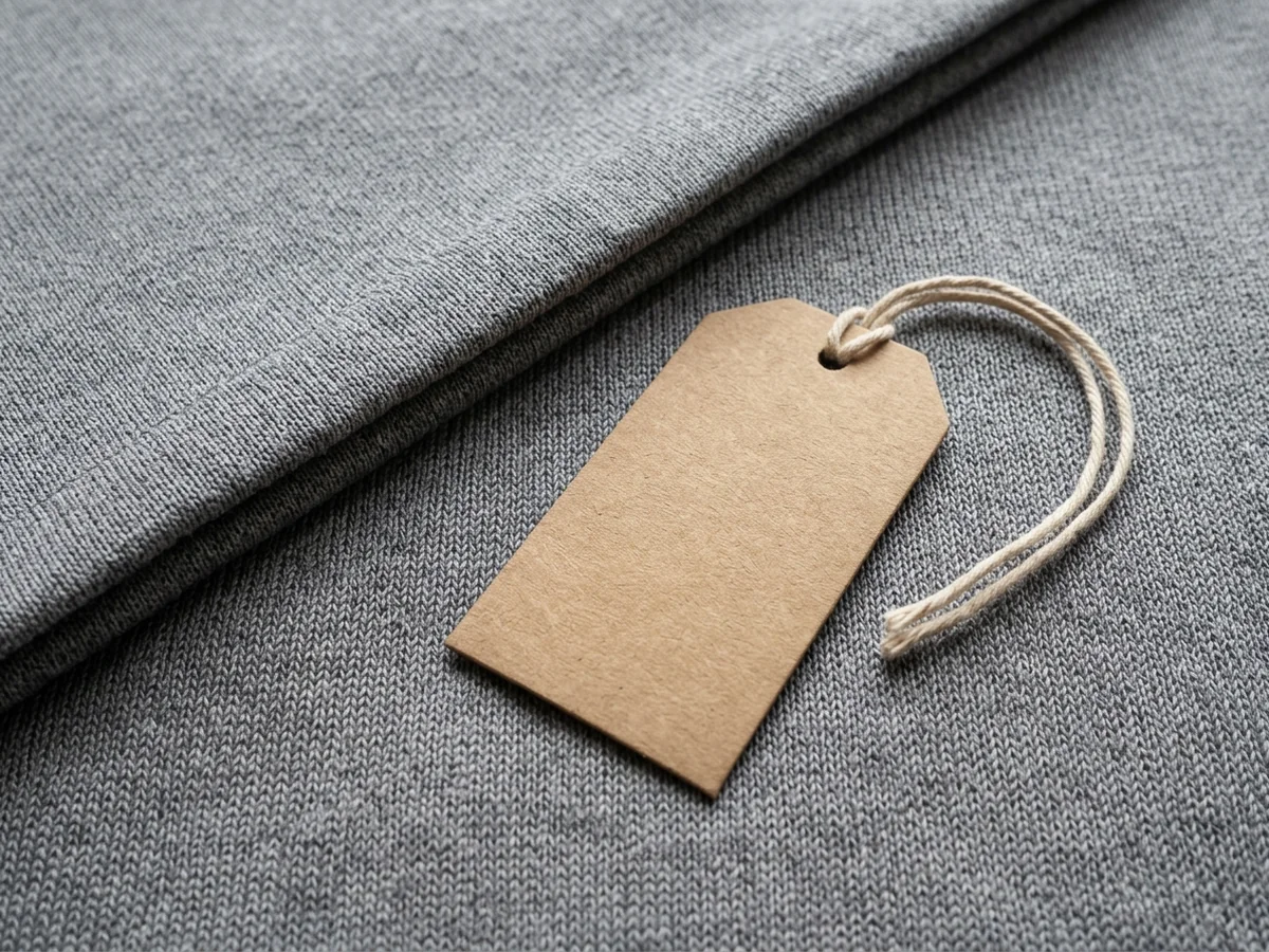 A folded panel of grey performance knit on a pale birch table with a blank kraft tag tied to it, fully lit and open to view