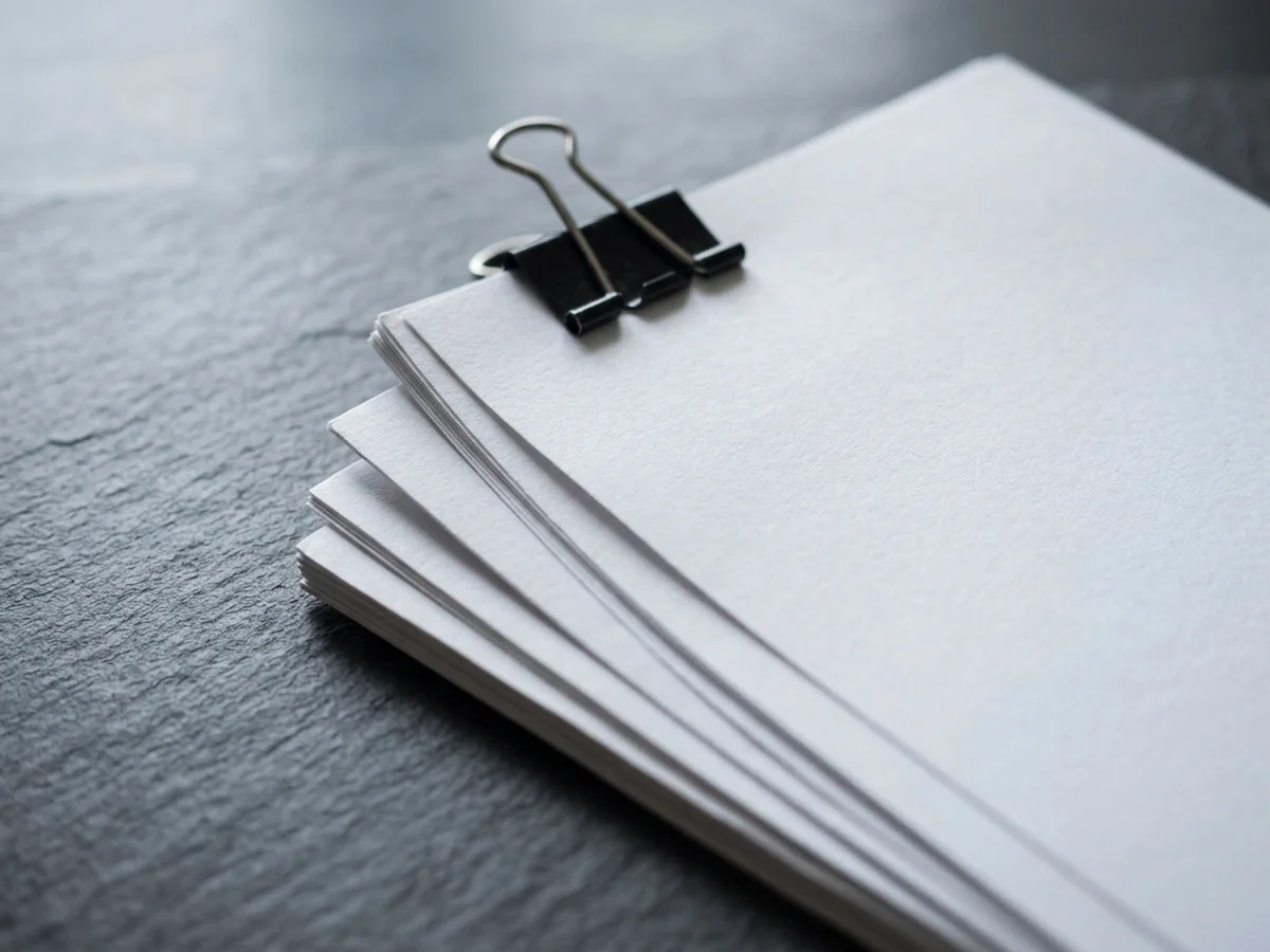 A clipped stack of plain unmarked sheets resting on a dark slate desk
