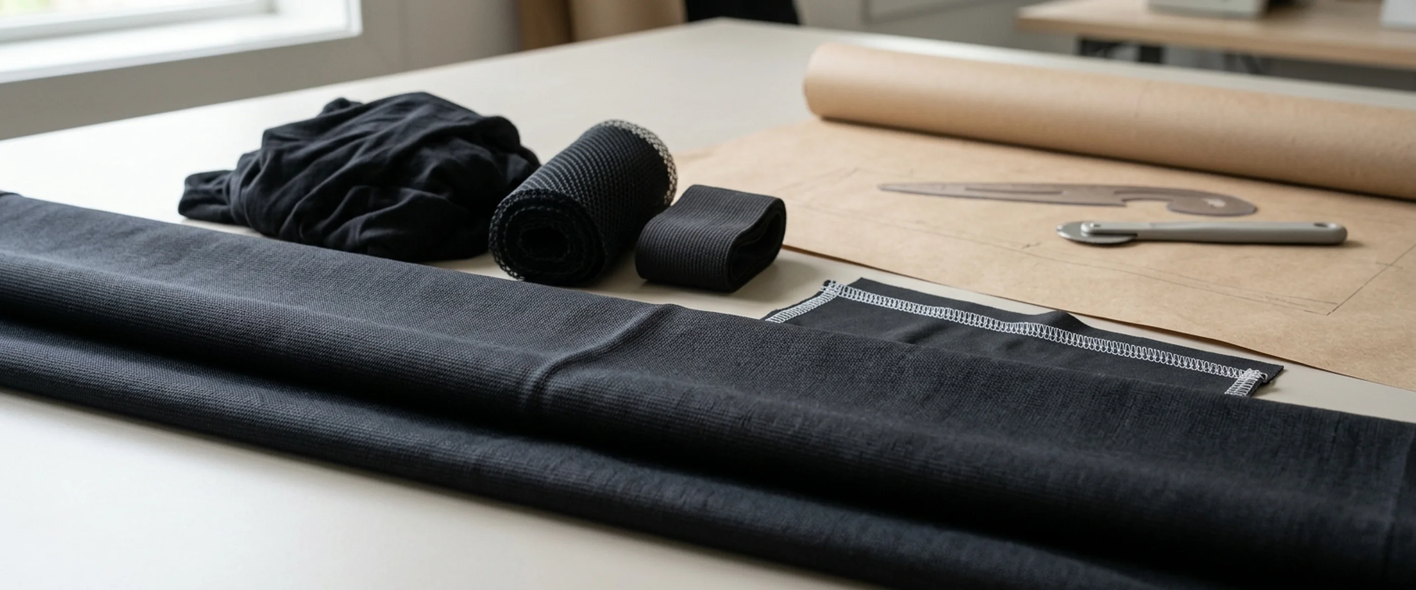 Dark woven cloth folded back on itself across the full width of the frame